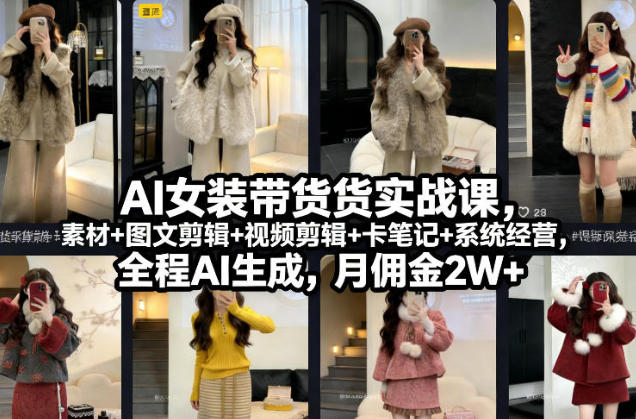 AI女装带货实战课,起号+素材+图文剪辑+视频剪辑+卡笔记+系统经营第1张-惠学吧-虚拟资源货源网 AI女装带货实战课,起号+素材+图文剪辑+视频剪辑+卡笔记+系统经营