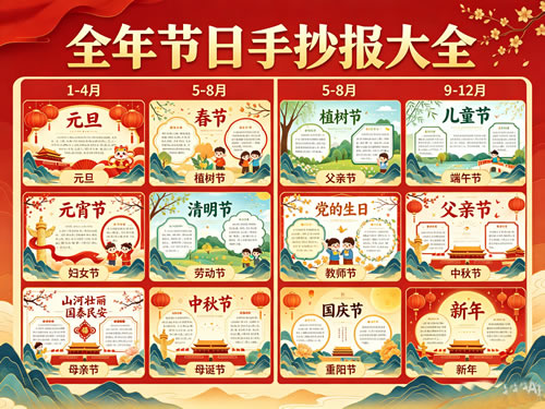 手抄报大全（1 12月节日类，元旦春节元宵节妇女节植树节清明节劳动节母亲节儿童节端午节父亲节党的生日教师节中秋节国庆节重阳节圣诞节新年手抄报）